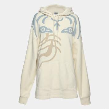 Pre Owned Kenzo Cream Printed Cotton Knit Hoodie Sweatshirt L