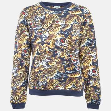 Pre Owned Kenzo Blue Tiger Print Cotton Crew Neck Sweatshirt XL