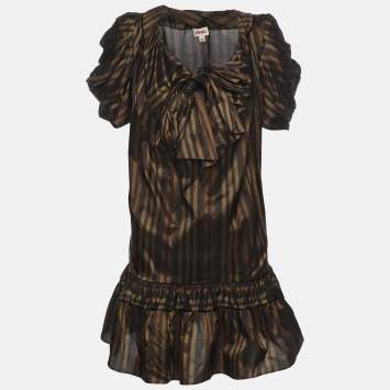 Pre Owned Kenzo Brown Striped Silk Blend Bow Detail Ruffled Blouse S