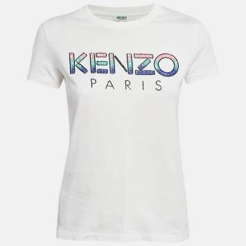Pre Owned Kenzo White Embellished Logo Jersey T-shirt S