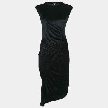 Pre Owned Kenzo Black Stretch Velour Ruched Asymmetric Midi Dress S