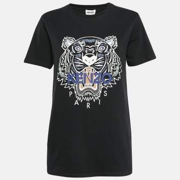 Pre Owned Kenzo Black Tiger Print Jersey Crew Neck T-Shirt M