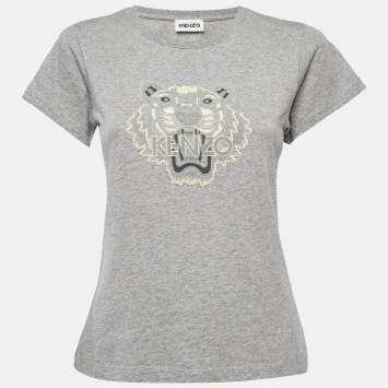Pre Owned Kenzo Grey Tiger Logo Flocked Jersey T-Shirt S