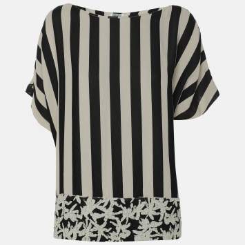 Pre Owned Kenzo Black/White Strip Crepe Top L