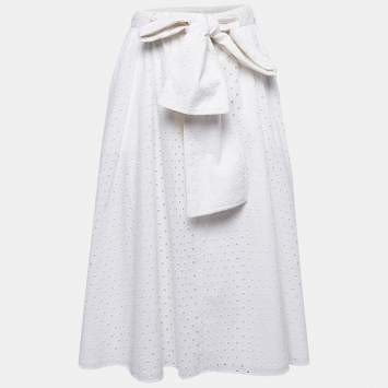Pre Owned Kenzo White Broderie Anglaise Cotton Belted Midi Skirt S