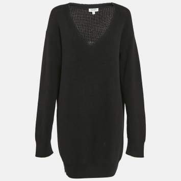 Pre Owned Kenzo Black Rib Knit Zipper Detail V-Neck Sweater Dress XL