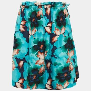 Pre Owned Kenzo Blue Floral Print Silk Midi Skirt M
