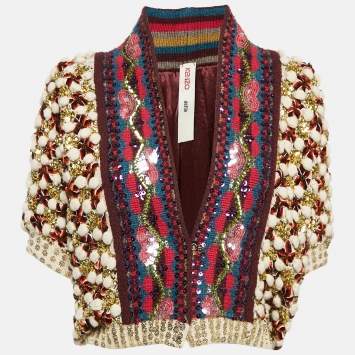 Pre Owned Kenzo défilé Beige Sequin Embellished Heavy Knit Crop Cardigan M