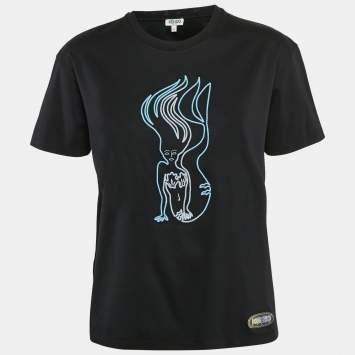 Pre Owned Kenzo Black Mermaid Embroidery Cotton Crew Neck T-shirt S