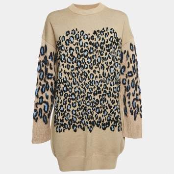 Pre Owned Kenzo Camel Brown Tiger Pattern Wool Blend Knit Mini Dress S