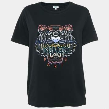 Pre Owned Kenzo Black Tiger Print Cotton Crew Neck T-Shirt L