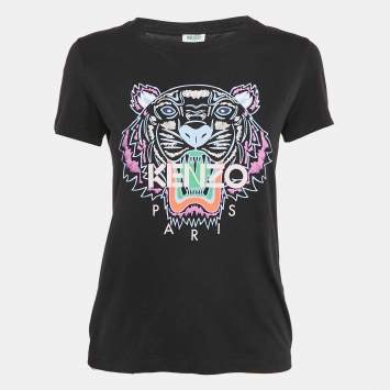 Pre Owned Kenzo Black Tiger Logo Print Jersey Crew Neck T-Shirt S