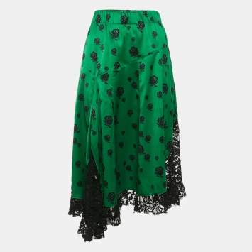 Kenzo Green Floral Print Lace Trim and Silk Midi Skirt M