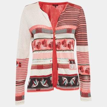 Pre Owned Kenzo Red Intarsia Knit Button Front Cardigan M
