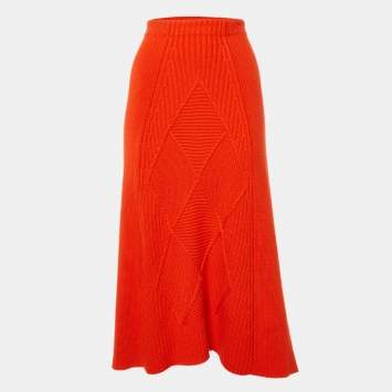 Kenzo Orange Wool Rib Knit Midi Skirt L