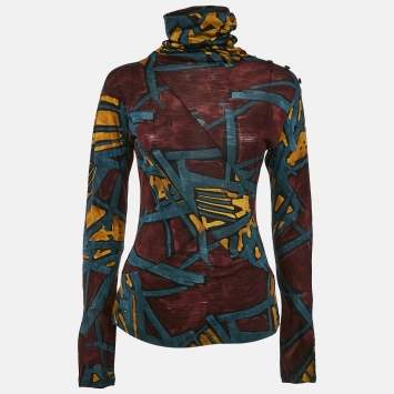 Pre Owned Kenzo Brown/Blue Printed Jersey High Neck Top L