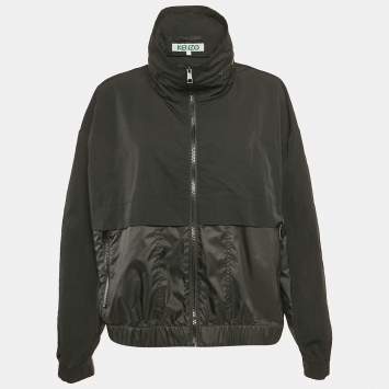 Kenzo Black Logo Print Synthetic Concealed Hood Windbreaker Jacket L