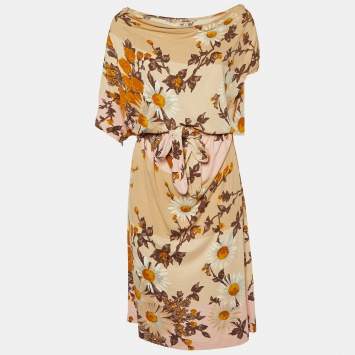 Pre Owned Kenzo Beige Floral Print Jersey Belted Midi Dress M