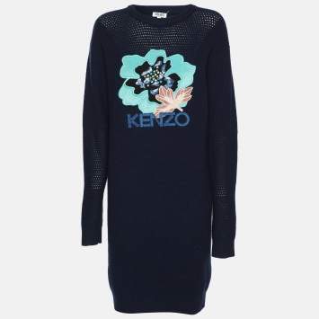 Pre Owned Kenzo Navy Blue Wool Knit Logo Embellished Sweater S