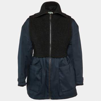 Kenzo Black/Navy Blue Rib Knit and Cotton Pleated Zip-Up Jacket M