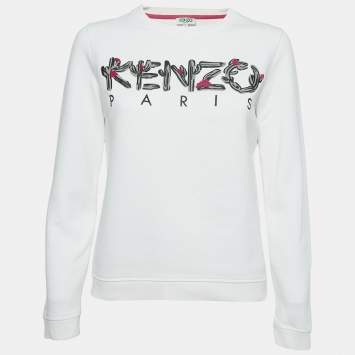 Pre Owned Kenzo White Logo Embroidered Cotton Crew Neck Sweatshirt S