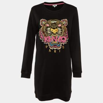 Pre Owned Kenzo Black Tiger Embroidered Cotton Sweatshirt Dress L