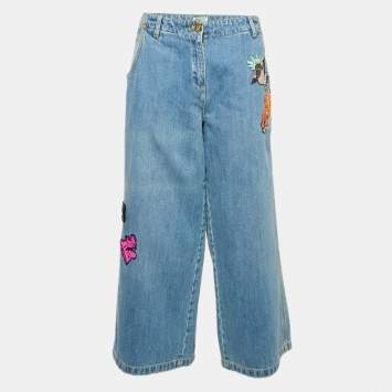 Pre Owned Kenzo Blue Applique Detail Denim Wide-Leg Jean L Waist 34"