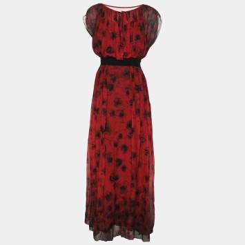 Kenzo Red/Black Floral Print Silk Dress L