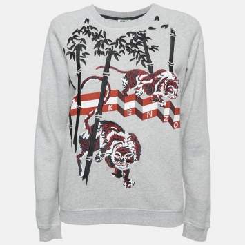 Pre Owned Kenzo Grey Embroidered Cotton Crew Neck Sweatshirt S
