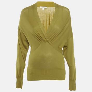 Kenzo Olive Yellow Cotton and Modal Knit V-Neck Long Sleeve Top S