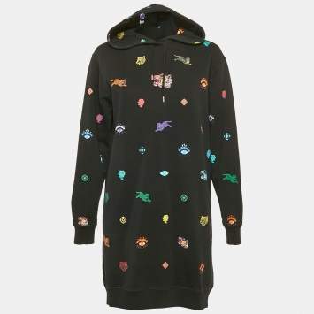 Kenzo Black Tiger Print Cotton Knit Hooded Mini Dress S
