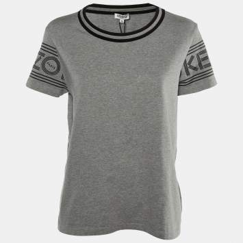 Kenzo Grey/Black Logo Cotton Printed Sleeve Round Neck T-Shirt M