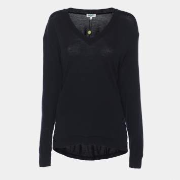 Pre Owned Kenzo Navy Blue Wool Knit V Neck Pullover Sweater S