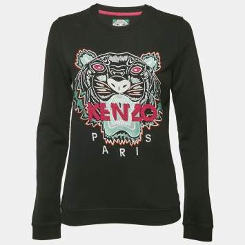 Pre Owned Kenzo Black Tiger Logo Embroidered Cotton Knit Sweatshirt M