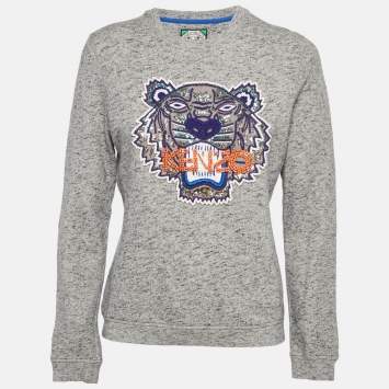 Pre Owned Kenzo Grey Tiger Embellished Cotton Crew Neck Sweatshirt M