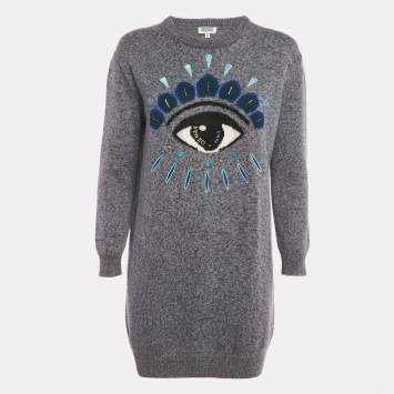 Kenzo Blue Eye Intarsia Wool Knit Mini Sweater Dress S