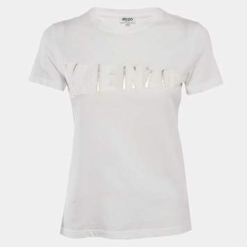 Pre Owned Kenzo White Embossed Logo Cotton Crewneck T-Shirt S