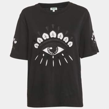 Pre Owned Kenzo Black Eye Embroidered Cotton Crewneck T-shirt L