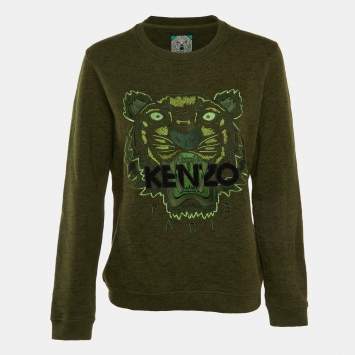 Pre Owned Kenzo Green Melange Cotton Tiger Embroidered Sweatshirt L