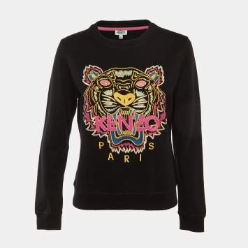 Pre Owned Kenzo Black Tiger Embroidered Cotton Crew Neck Sweatshirt M