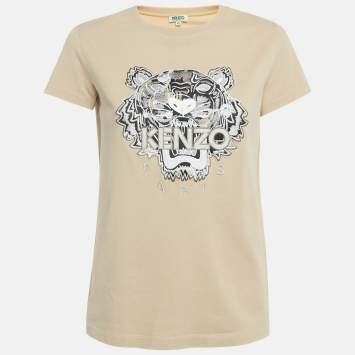 Pre Owned Kenzo Beige Tiger Embroidered Cotton T-Shirt XS