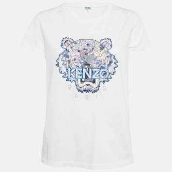 Pre Owned Kenzo White Tiger Embroidered Cotton T-Shirt S