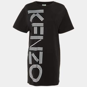 Pre Owned Kenzo Black Print Logo Cotton T-Shirt Dress S