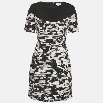 Pre Owned Kenzo Black /White Printed Crepe Mini Dress M
