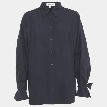 Pre Owned Kenzo Navy Blue Crepe Ruffled Sleeve Loose Fit Shirt XL
