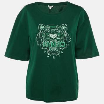 Pre Owned Kenzo Green Tonal Tiger Embroidered Cotton T-Shirt L