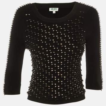 Pre Owned Kenzo Black Knit Studded Long Sleeve Top S