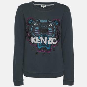 Pre Owned Kenzo Teal Blue Tiger & Logo Embroidered Knit Sweatshirt L