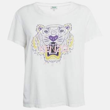 Pre Owned Kenzo White Tiger Logo Print Cotton T-Shirt XL
