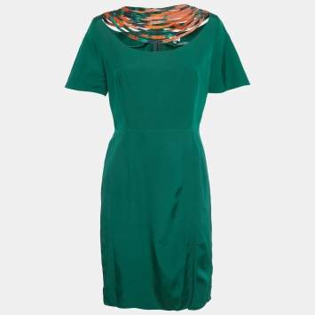 Pre Owned Kenzo Green Crepe Neck Detail Mini Dress L